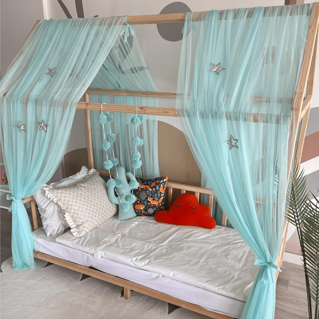 Baby Fancyroom Hausbett Himmel mintgrün Betthimmel Deko Set Kinderzimmer Kinderbett Baldachin Pompon
