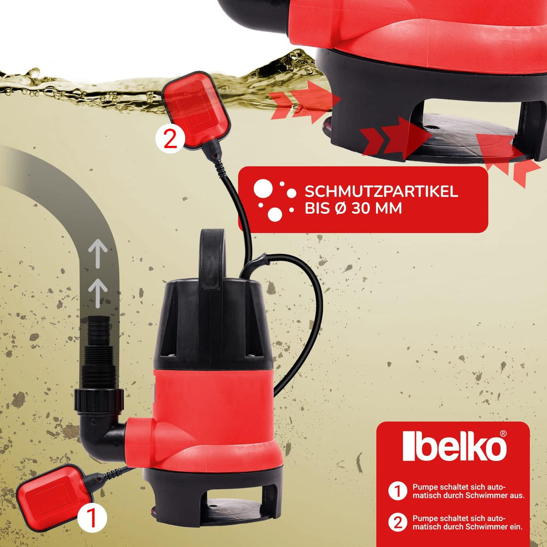Belko® JP400-D2 Schmutzwasserpumpe mit integriertem Schwimmer-schalter Tauchpumpe mit Griff - 8000 L