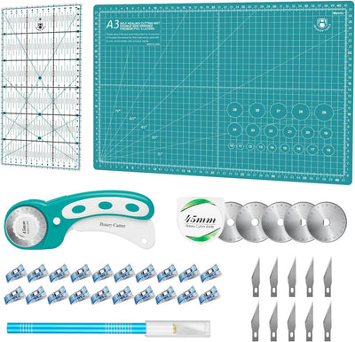 Rollschneider Set - 45mm Rollschneider Stoffschneider Set inkl. A3 Schneidematte, Rollschneider, Ers