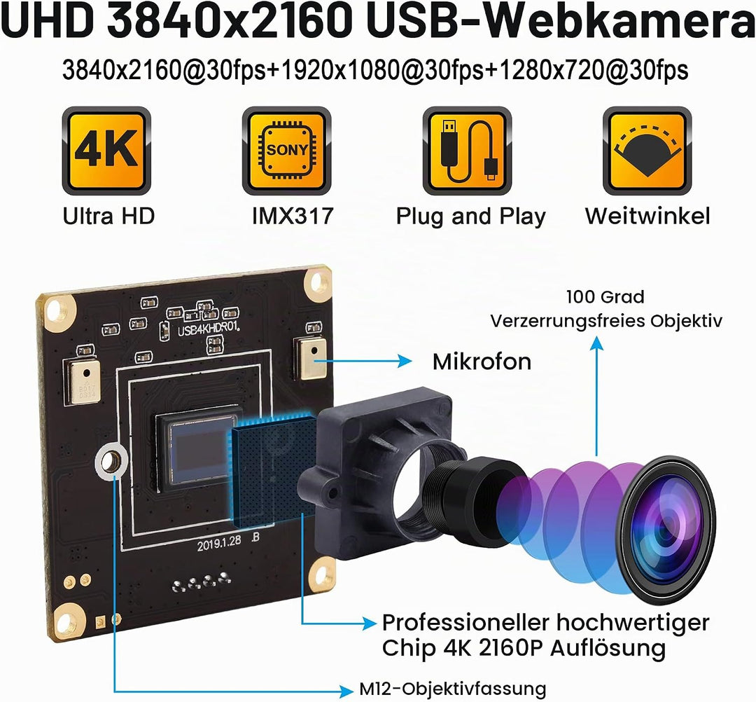 ELP 4K Ultra HD Webcam Unterstützung 3840x2160@30fps mit No-Distortion Objektiv, IMX317 Sensor PC We
