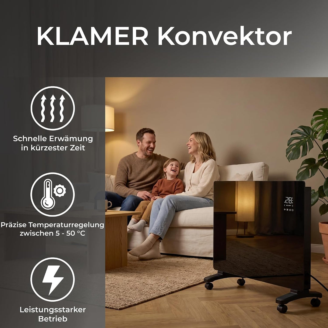 KLAMER Konvektor 1500W, Elektroheizung, WLAN App, Timer, Wand &amp; Stand