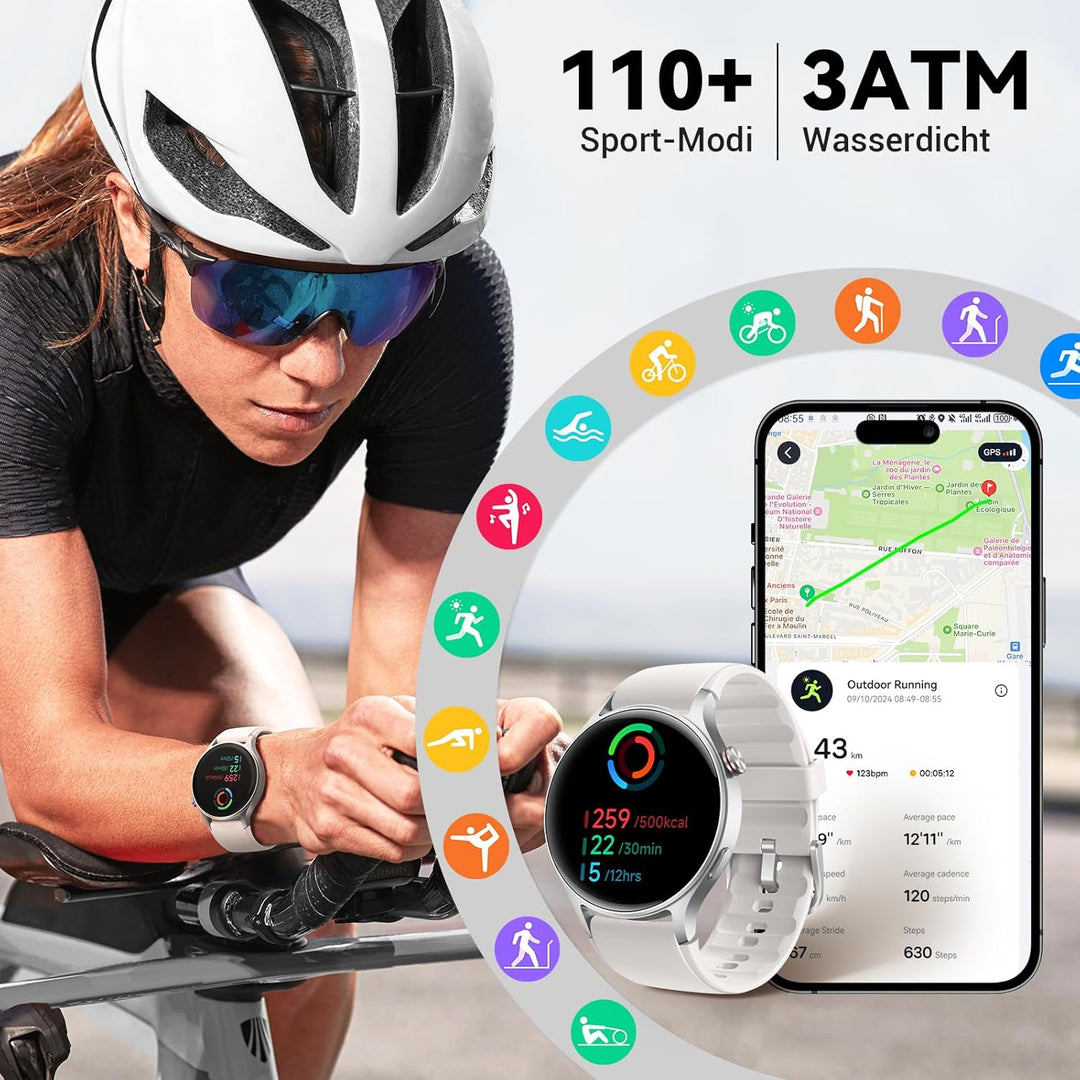 Smartwatch Herren Rund mit Telefonfunktion- 1.32" AMOLED Display, Fitnessuhr mit 110+ Sportmodi &3AT