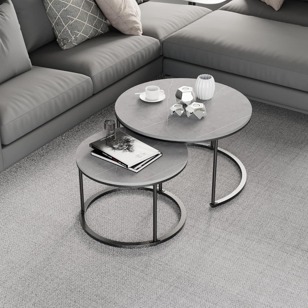 FATIVO Marmor Couchtisch 2er Set: Satztisch Rund Wohnzimmertisch mit schwarz Metallrahmen - Satztisc