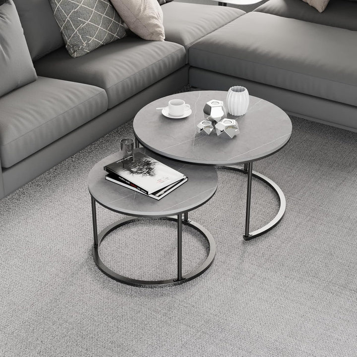 FATIVO Marmor Couchtisch 2er Set: Satztisch Rund Wohnzimmertisch mit schwarz Metallrahmen - Satztisc