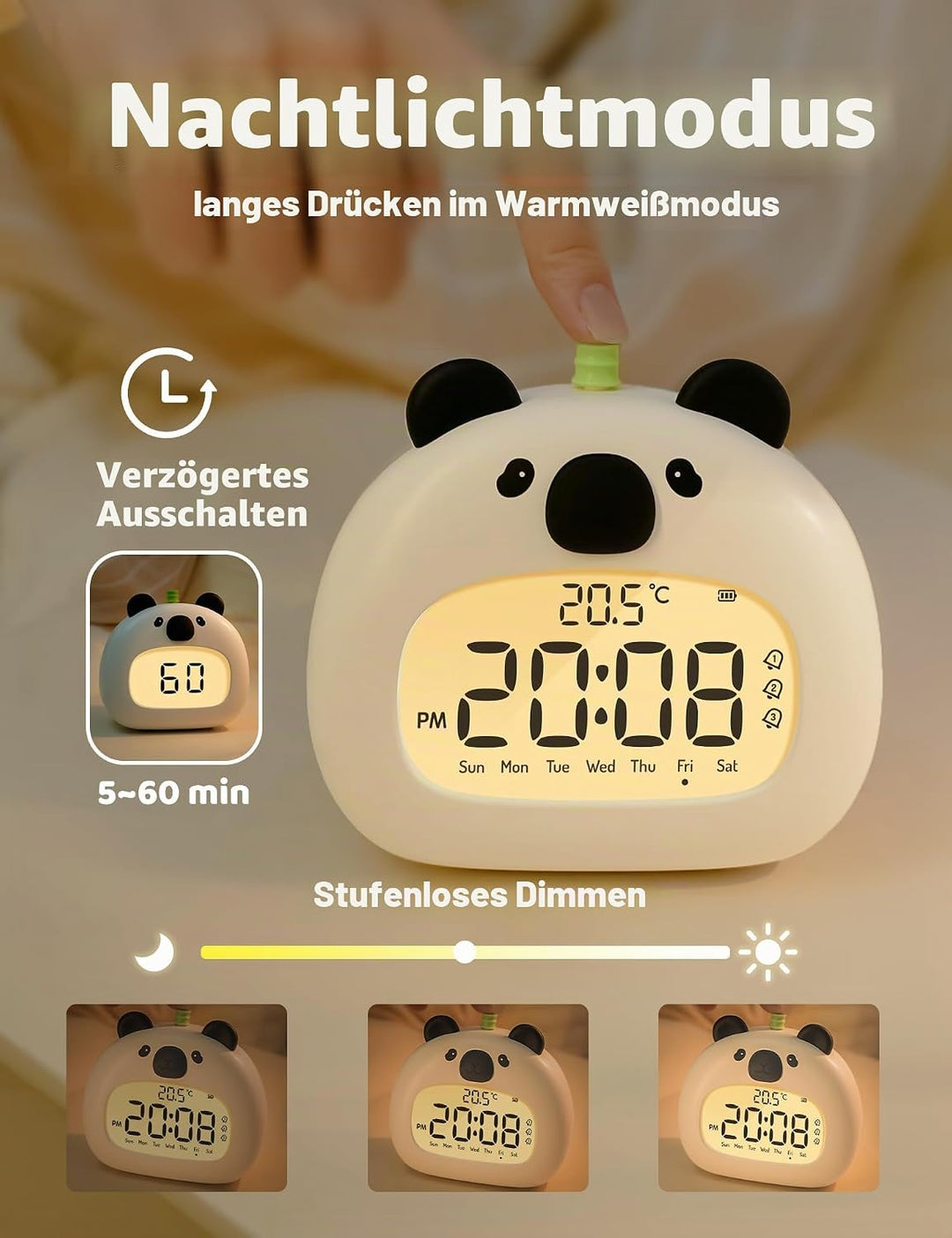 IHALO Cute Kinderwecker, Nachttischwecker mit Panda Nachtlicht, digitales LED-Display, 3,15 Zoll, DR
