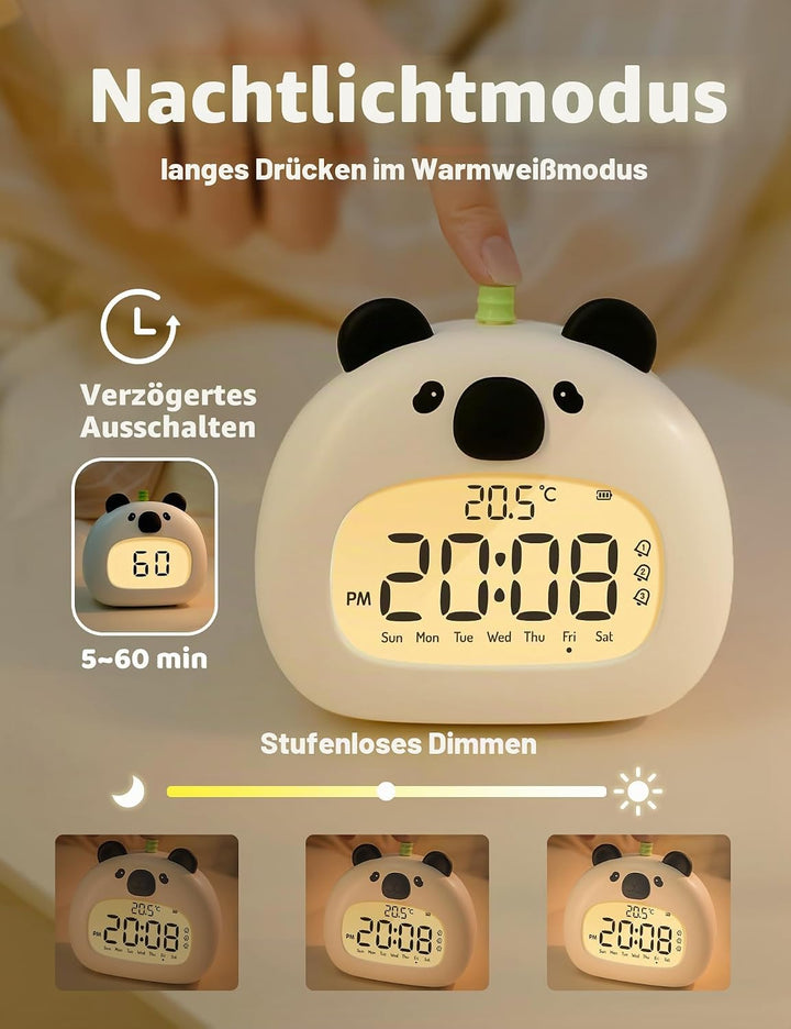 IHALO Cute Kinderwecker, Nachttischwecker mit Panda Nachtlicht, digitales LED-Display, 3,15 Zoll, DR
