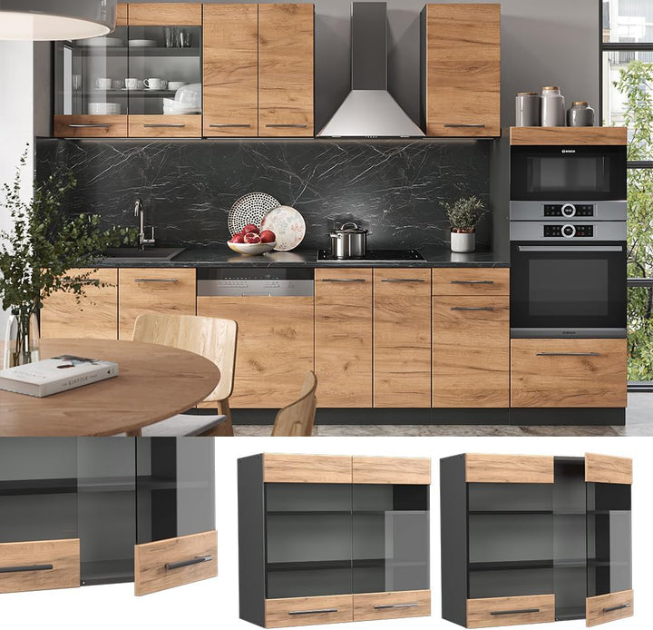 Vicco Küchenschrank Glas Fame-Line, Goldkraft Eiche/Anthrazit, 80 cm Goldkraft Eiche Hängeglasschran