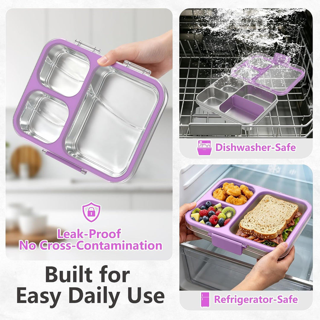 VITONIS Edelstahl Brotdose Lunchbox mit 3 Fächern mit Tritan-Deckel, 1000ml Metall Bento Lunch Box K
