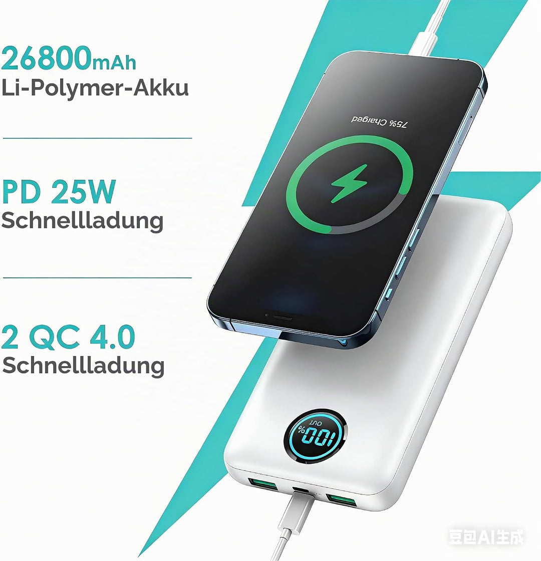 Power Bank USB C mit Kabel 26800mAh, PD 25W QC4.0 Schnellladung Powerbank, 5 Ausgängen Externe Handy
