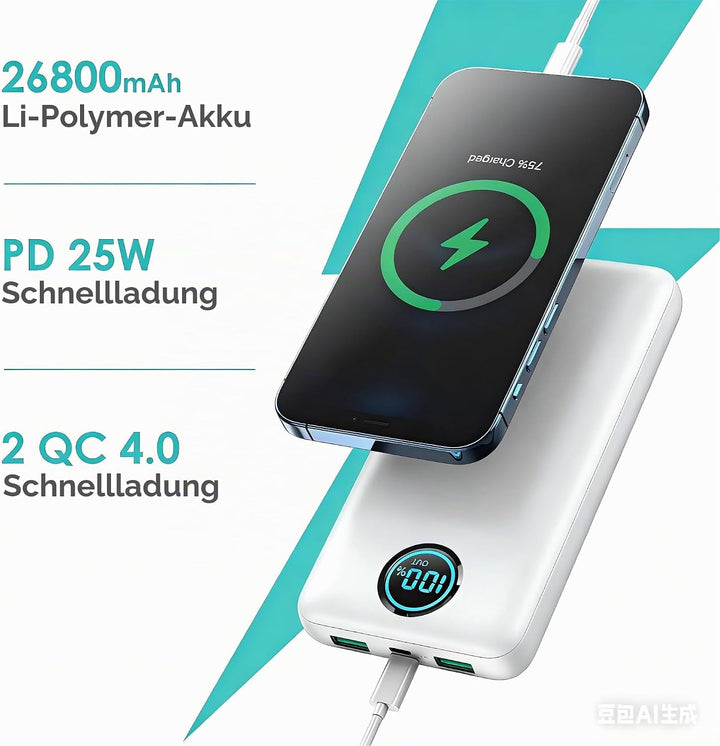 Power Bank USB C mit Kabel 26800mAh, PD 25W QC4.0 Schnellladung Powerbank, 5 Ausgängen Externe Handy