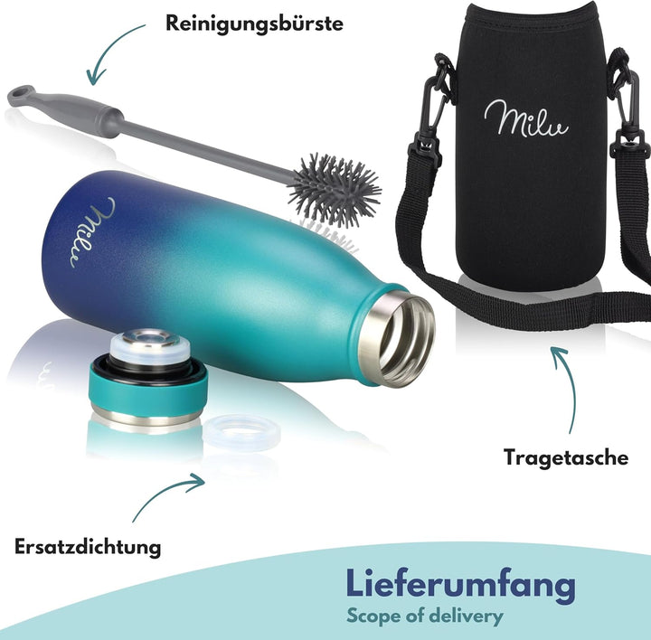 Milu Edelstahl Trinkflasche 350ml, 500ml, 750ml, 1L, 1,5L – Thermosflasche für Kinder Erwachsene aus