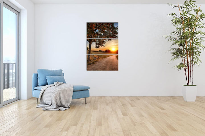 deyoli Spazierweg am Abend Format: 3-teilig 120x80 als Leinwand, Motiv fertig gerahmt auf Echtholzra