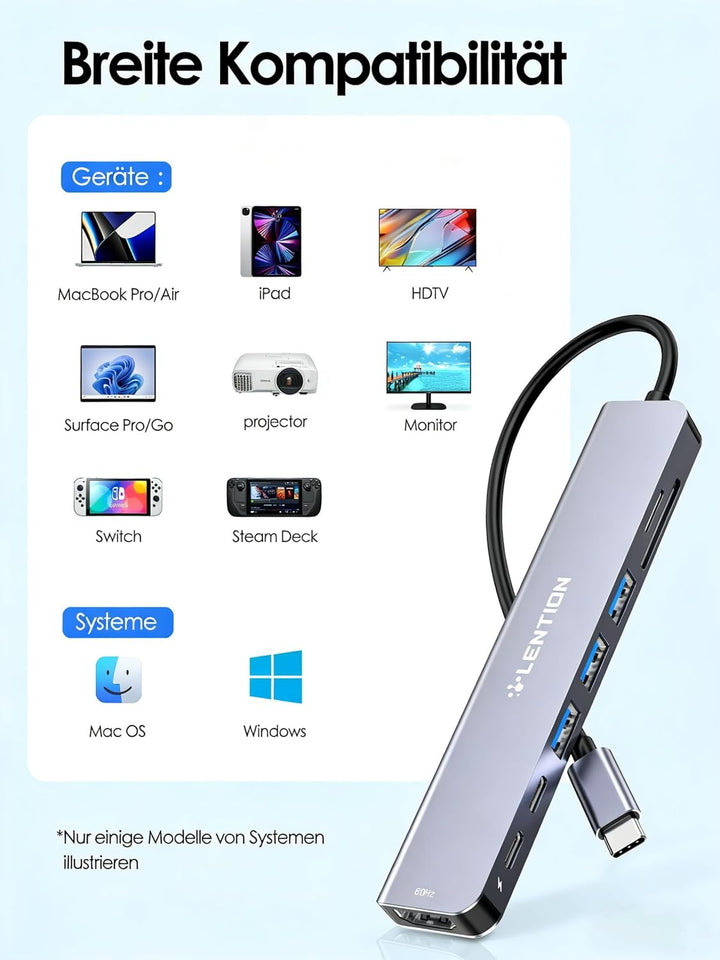 LENTION USB C Hub mit 4K60Hz HDMI, 100W PD, SD/TF Kartenleser, Typ-C Datei, USB 3,0 Adapter auf USB-