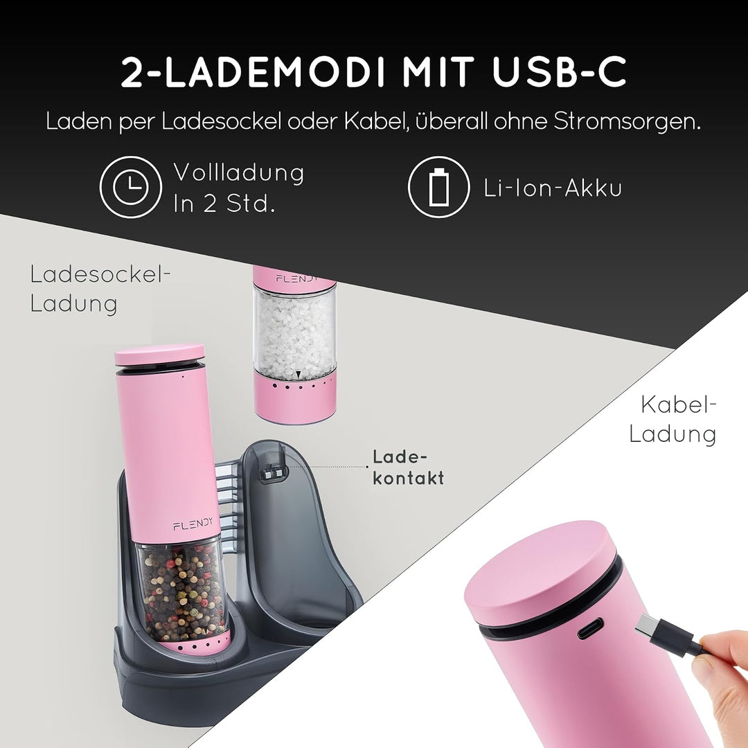 Flendy Salz und Pfeffermühle Elektrisch 2er Set, Elektrische Salz und Pfeffermühle Set mit USB-C Lad