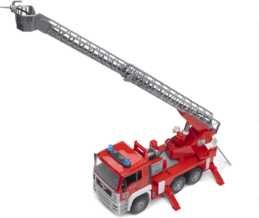 bruder 02771 - Man TGA Feuerwehr mit Drehleiter, Wasserpumpe & Light & Sound Modul - 1:16 Einsatzfah