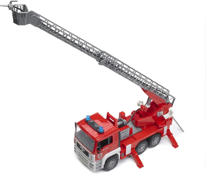 bruder 02771 - Man TGA Feuerwehr mit Drehleiter, Wasserpumpe & Light & Sound Modul - 1:16 Einsatzfah