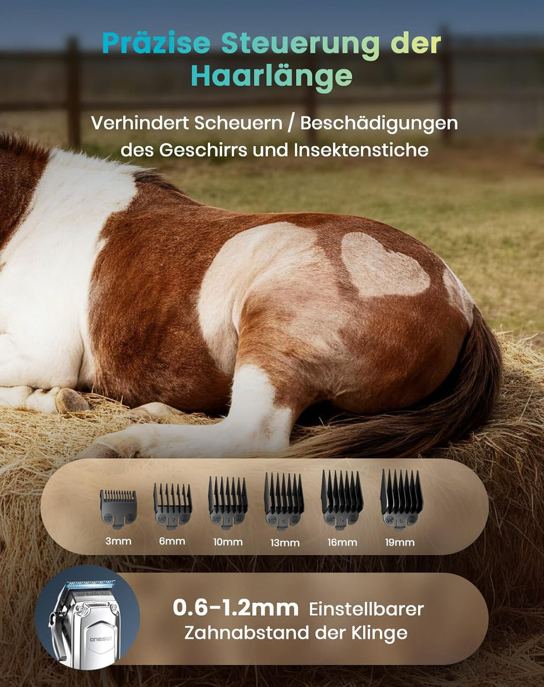 oneisall Kabellose Leise Schermaschine Pferd Hund Langhaar dickes Fell, Hundeschermaschine mit abneh