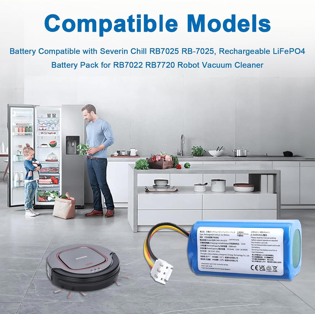 12,8V 2000mAh Ersatzakku, kompatibel mit Severin Chill RB7025 RB-7025, wiederaufladbarer LiFePO4-Akk