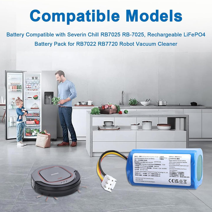 12,8V 2000mAh Ersatzakku, kompatibel mit Severin Chill RB7025 RB-7025, wiederaufladbarer LiFePO4-Akk