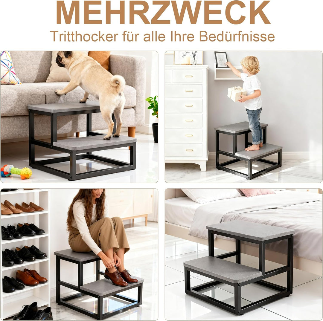 ROTTOGOON Tritthocker 2 Stufen für Erwachsene Kinder, Anti-Rutsch Tritthocker Holz Metallrahmen mit