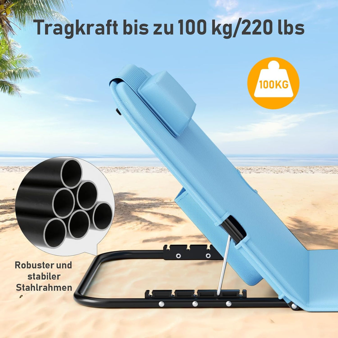 WildFun 2er Set Strandmatte Klappbar mit Rückenlehne 165cm, 5-Stufige Höhe Strandliege Klappbar Leic