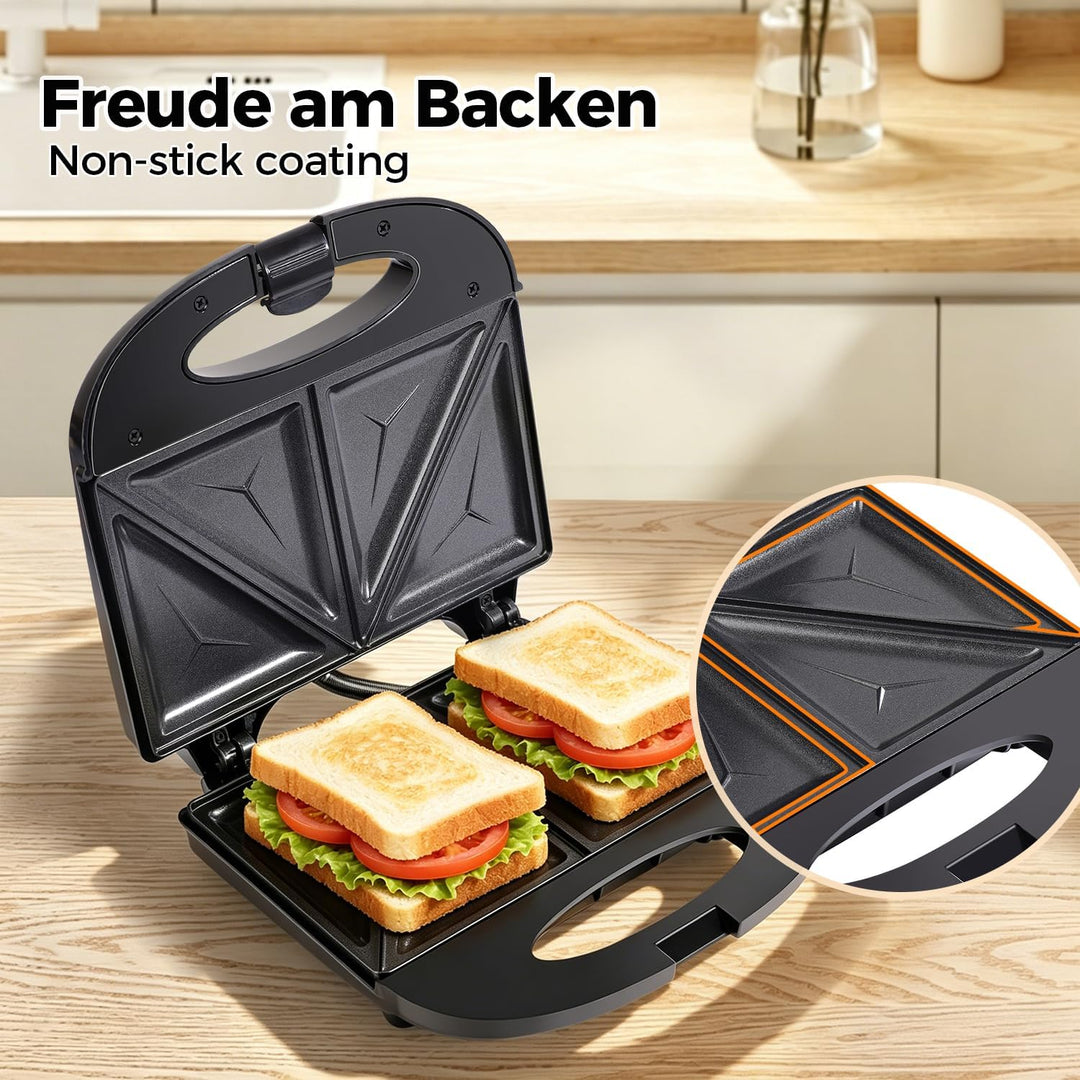 NIRVA 750W Sandwichtoaster für 4 Sandwiches, Sandwichmaker mit Antihaftbeschichtung, Sandwich Maker