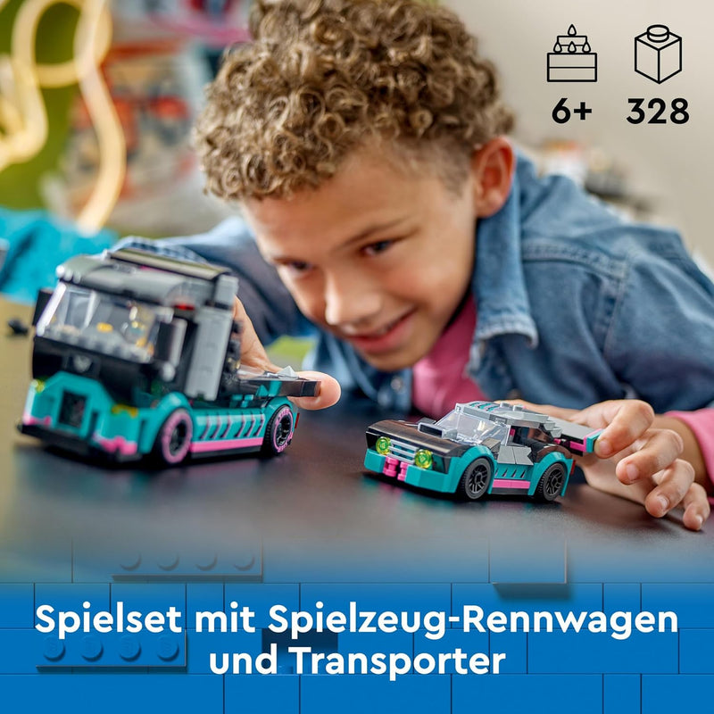 Lego City Autotransporter mit Rennwagen, LKW-Spielzeug mit Verstellbarer Laderampe und Renn-Auto, Ba