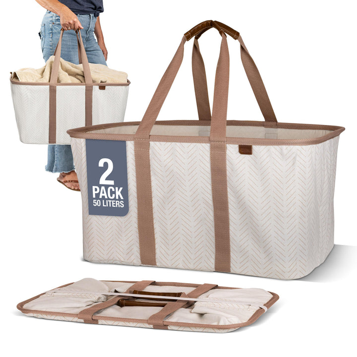 CleverMade Faltbare Wäsche-Tragetasche, luxuriös, Fischgrätenmuster, 2 Stück, 50 l, Premium-Baumwoll