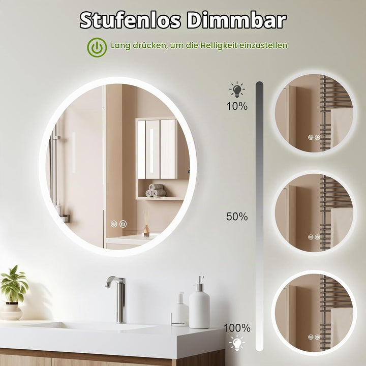 Trintion Spiegel mit Beleuchtung, 50cm Rund LED Spiegel mit Touch-Schalter, Dimmbar, 3 Lichtfarbe Ei