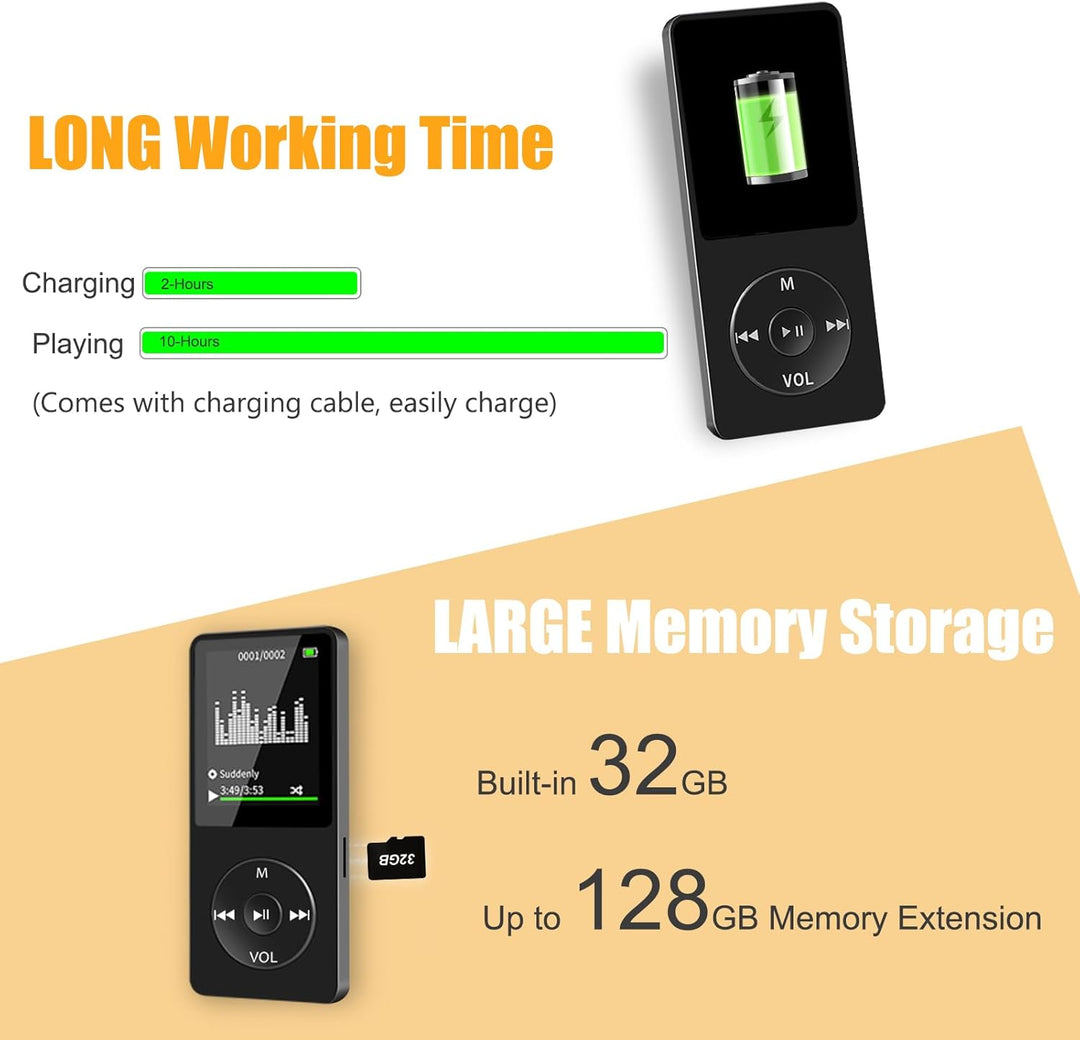 MP3-Player mit Bluetooth und Lautsprecher, 32 GB MP3-Musik-Player, Speichererweiterung bis zu 128 GB