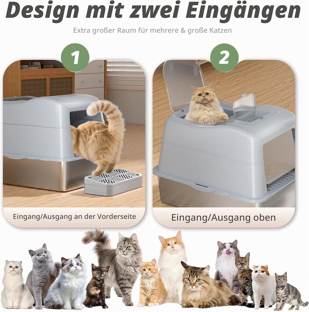 XXL Edelstahl Katzenklo mit Deckel, 110° Flip-Cover Design Geschlossen Katzentoilette aus Edelstahl,
