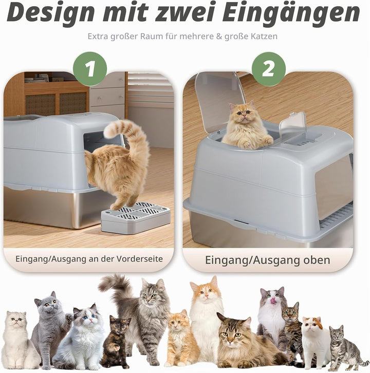 XXL Edelstahl Katzenklo mit Deckel, 110° Flip-Cover Design Geschlossen Katzentoilette aus Edelstahl,