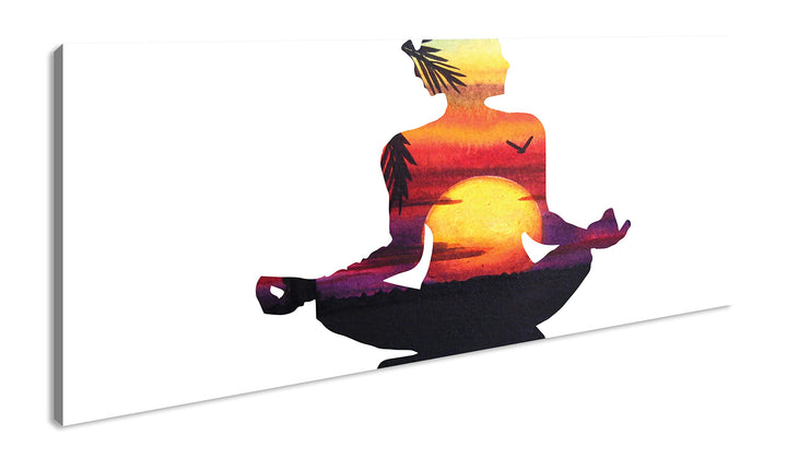 Sonnenstrahlen Meditation Panorama 60x30 cm als Leinwandbild, Motiv fertig gerahmt auf Echtholzrahme