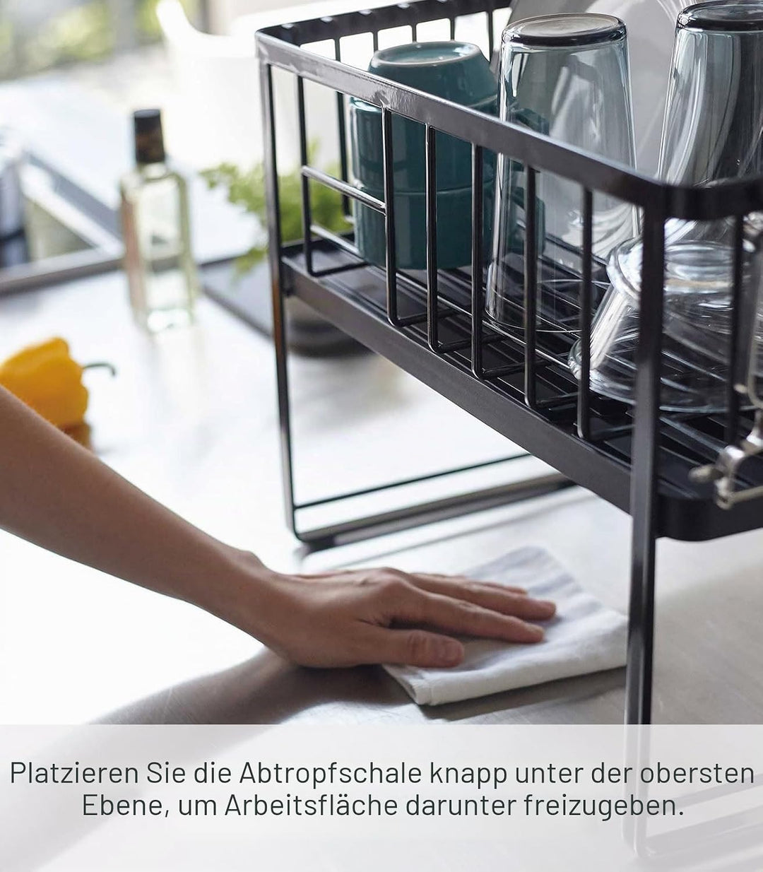 YAMAZAKI Home Turm-Abtropfgestell mit Zwei Ebenen, verstellbar, kompaktes Abtropfgestell mit Haken,