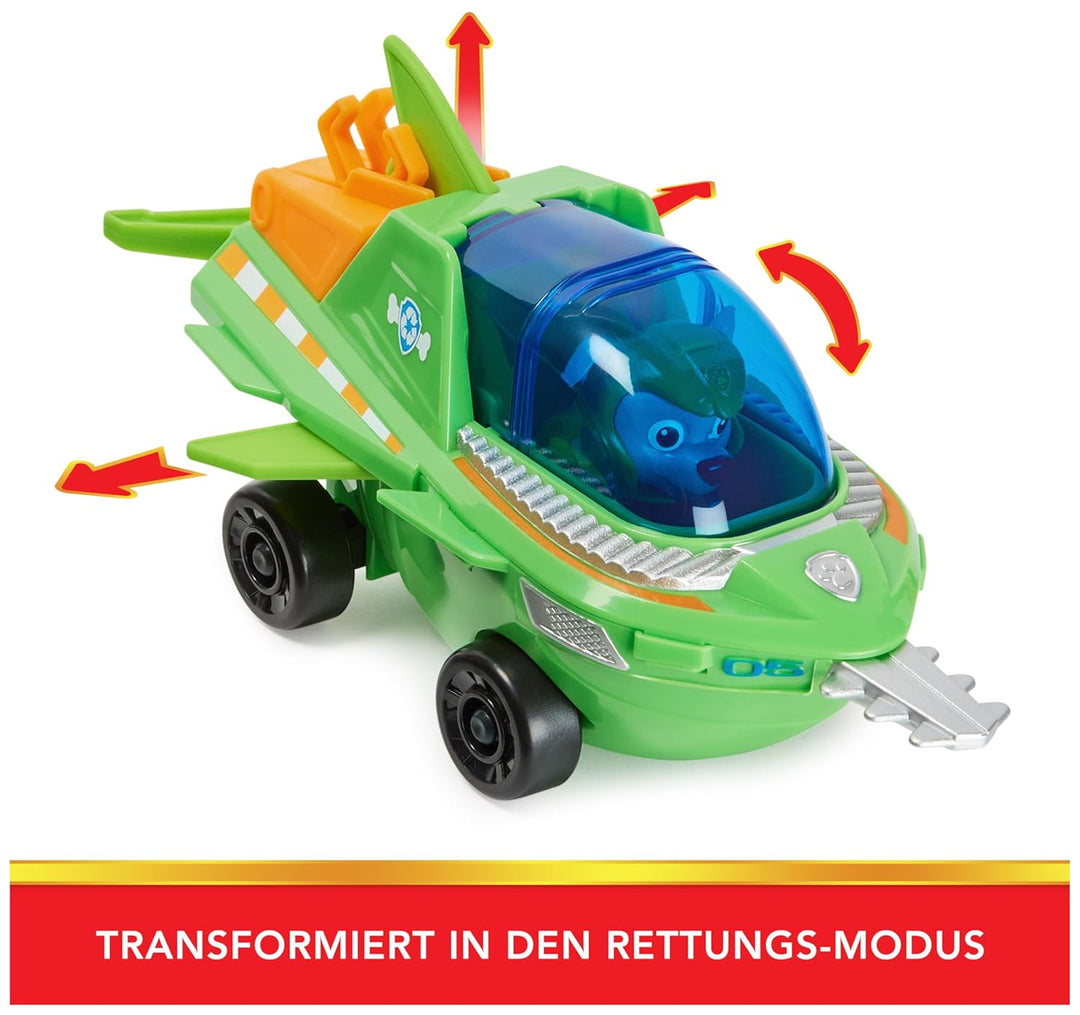 PAW PATROL, Aqua Pups - Basis Fahrzeug Spielzeugauto im Sägefisch-Design mit Rocky Welpenfigur, Spie