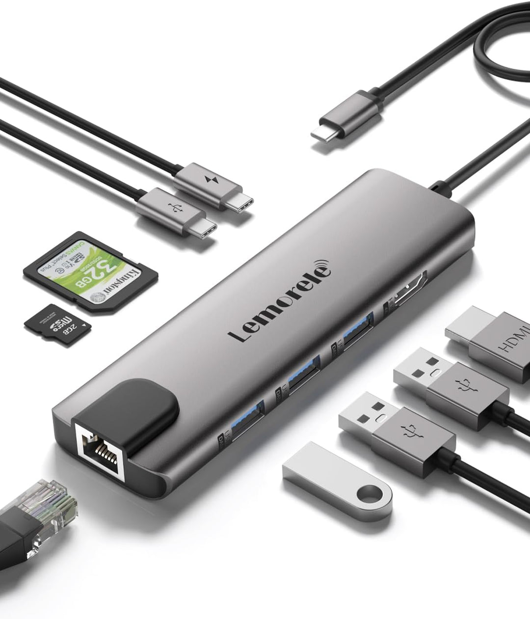 Docking Station USB C, Lemorele USB C Hub 9 in 1 Aluminiumgehäuse mit 1 Gbps Ethernet, 4K HDMI, 100W