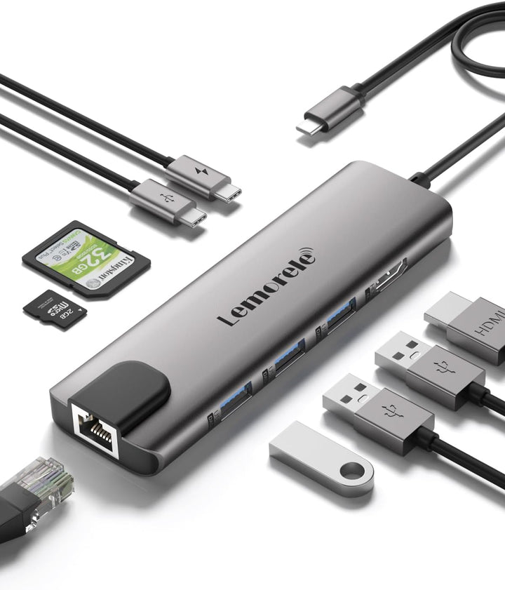 Docking Station USB C, Lemorele USB C Hub 9 in 1 Aluminiumgehäuse mit 1 Gbps Ethernet, 4K HDMI, 100W