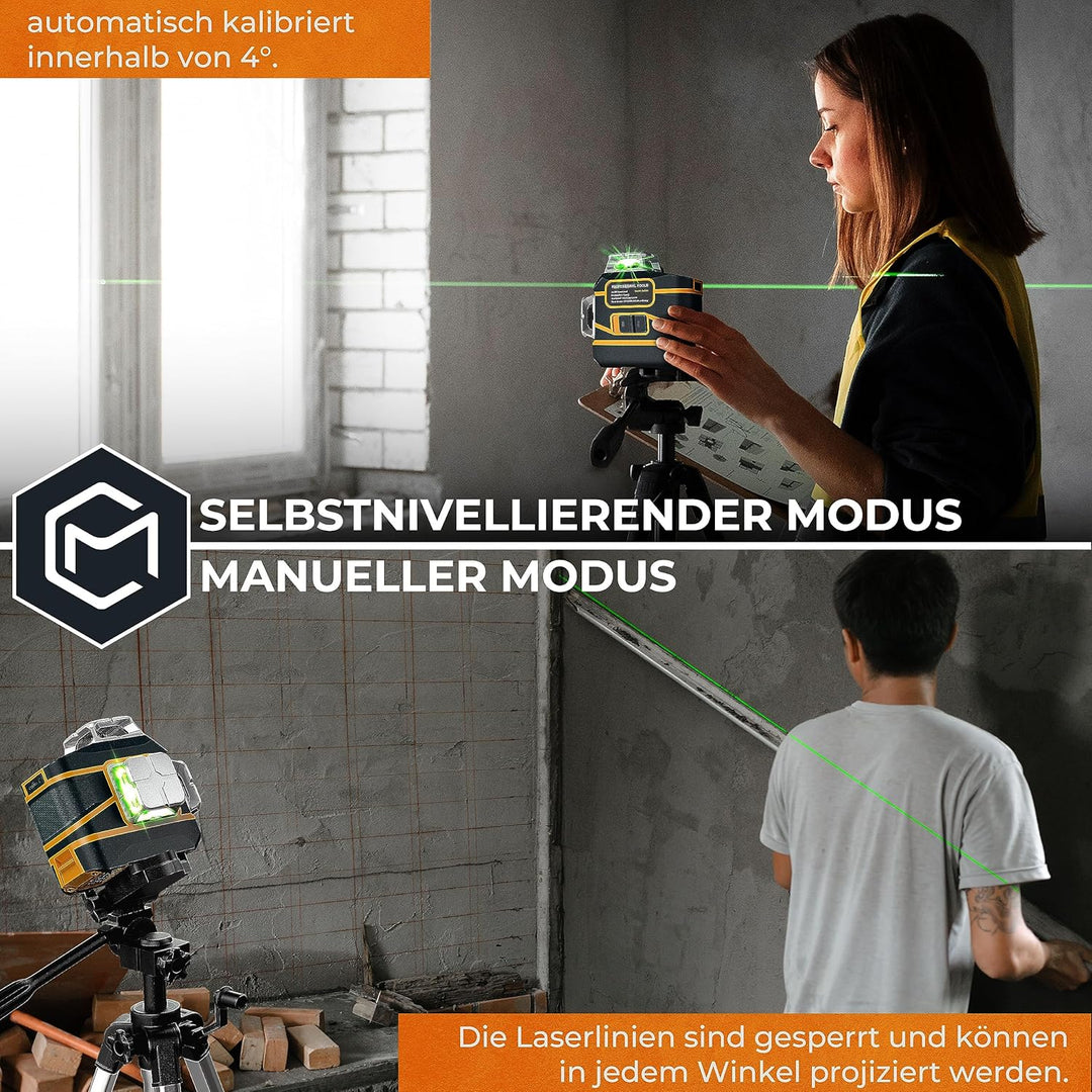 CIGMAN Kreuzlinienlaser 3 x 360 Grad grün Selbstnivellierend Laser Wasserwaage, 2 x abnehmbare wiede