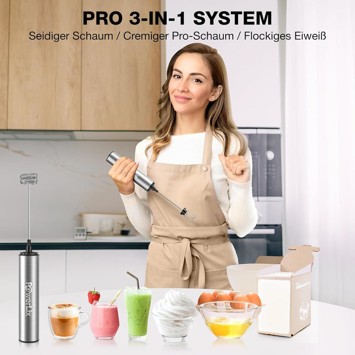 POWERLIX Pro 3-in-1 Elektrischer Milchschäumer Handheld - USB-C Wiederaufladbar, 10.000 U/min Schnel
