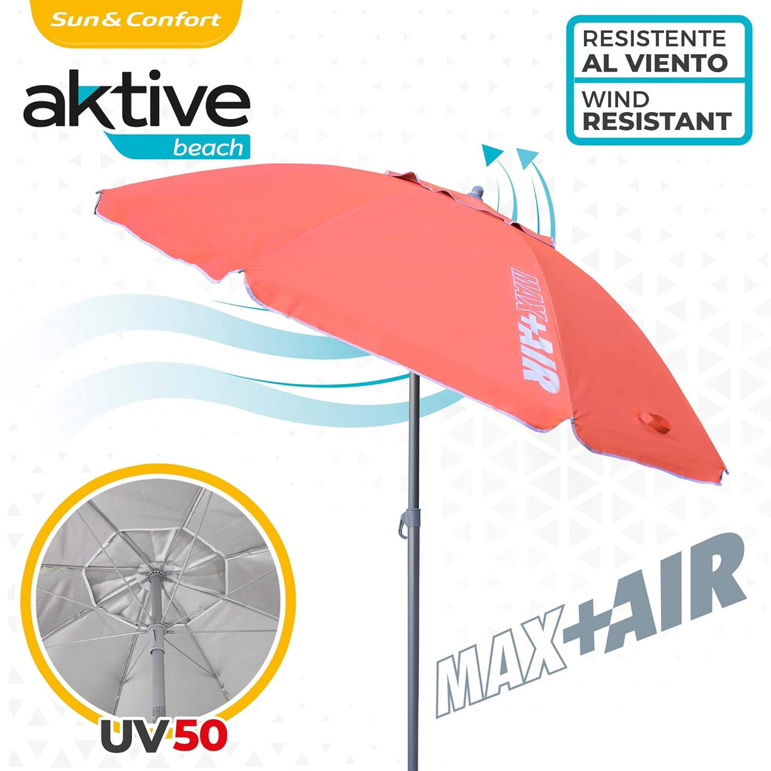 AKTIVE 62245 – Windfester Strandschirm mit UV50-Schutz Koralle | Masse Ø220 cm, höhenverstellbar | W
