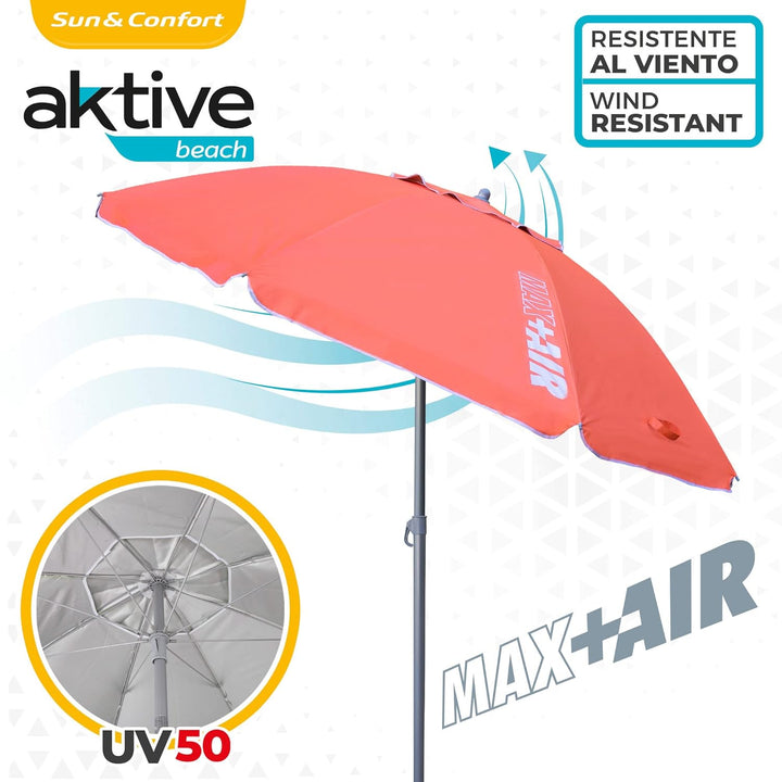 AKTIVE 62245 – Windfester Strandschirm mit UV50-Schutz Koralle | Masse Ø220 cm, höhenverstellbar | W