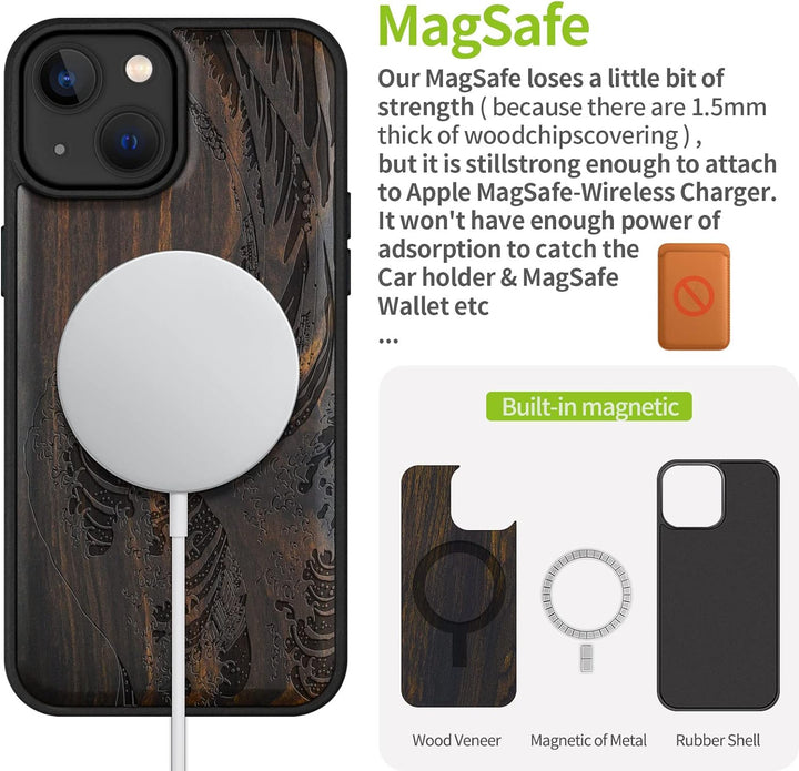 Carveit Handyhülle für iPhone 14 Cover Kompatibel mit Magsafe [Holz und TPU Silikon Hybrid hülle] Ma