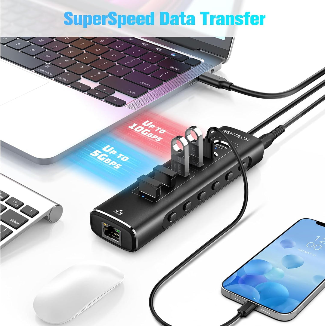 USB C 3.1 Hub Aktiv mit Netzteil, RSHTECH 7-in-1 USB C 3.2 Hub mit Ethernet Adapter, 3*10Gbps USB 3.