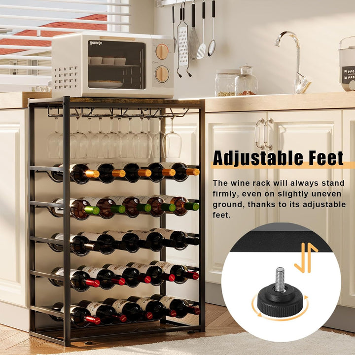 Urban Deco Weinregal Stehend mit Glashalter, Flaschenregal für 25 Flaschen & 12 Weingläser, Weinrega