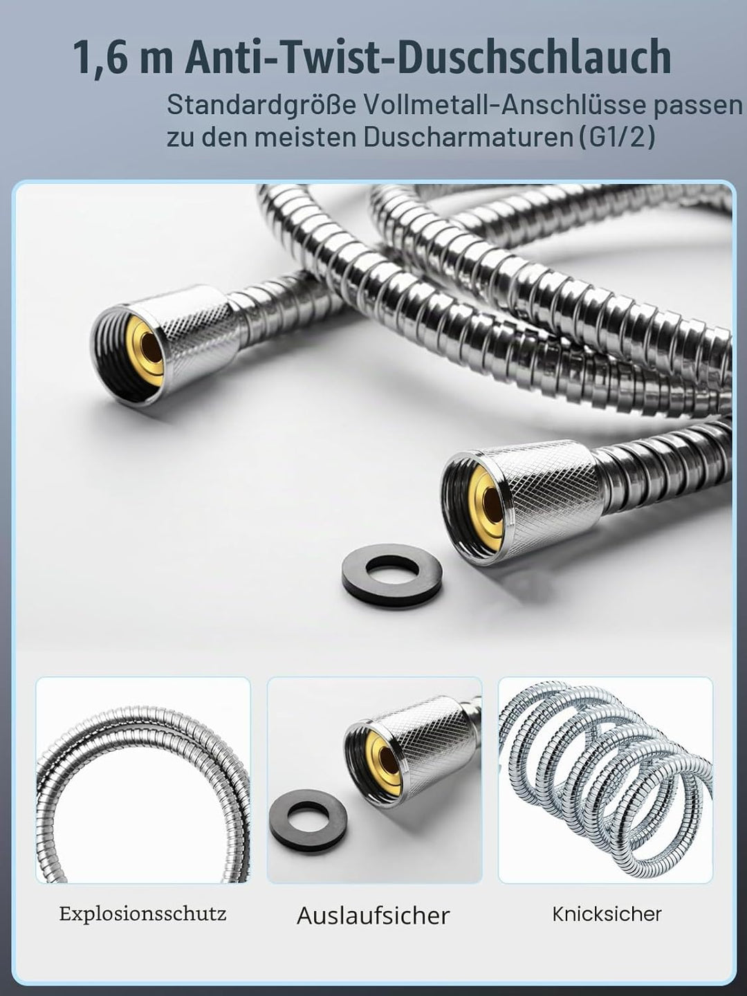 Duschkopf und Schlauch 1,6 m mit Filter – YEAUPE PRO quadratischer Hochdruck-Duschkopf und Schlauch