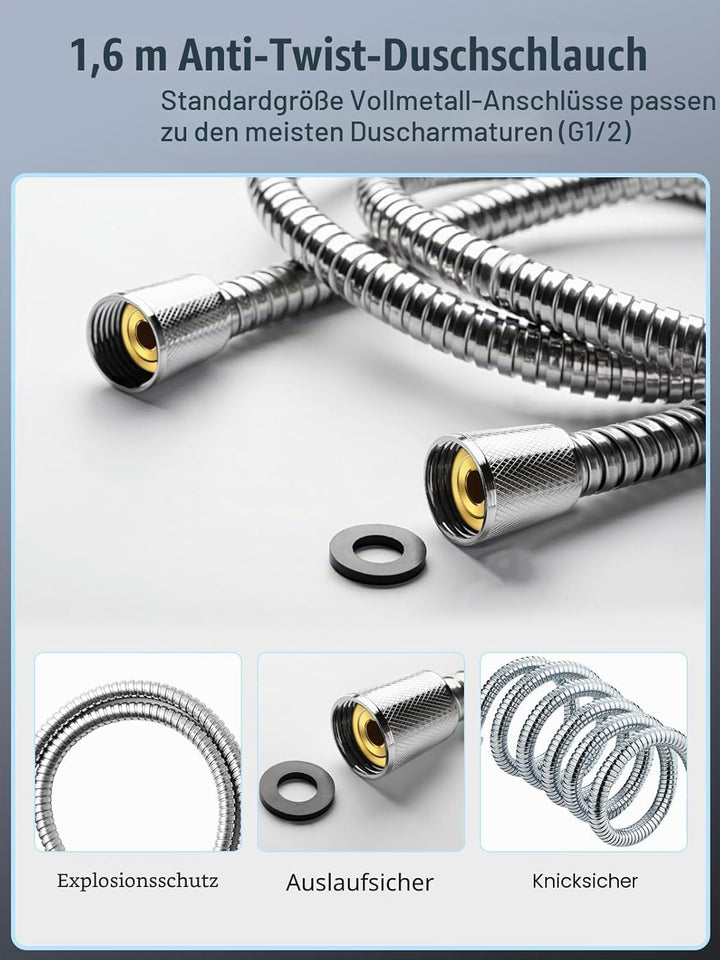 Duschkopf und Schlauch 1,6 m mit Filter – YEAUPE PRO quadratischer Hochdruck-Duschkopf und Schlauch