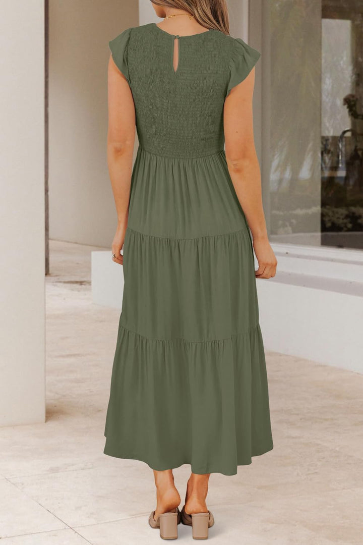 Damen Sommerkleid A Linie Kleider Kurzarm Kleid Midi Freizeitkleid Armeegrün S, Armeegrün S