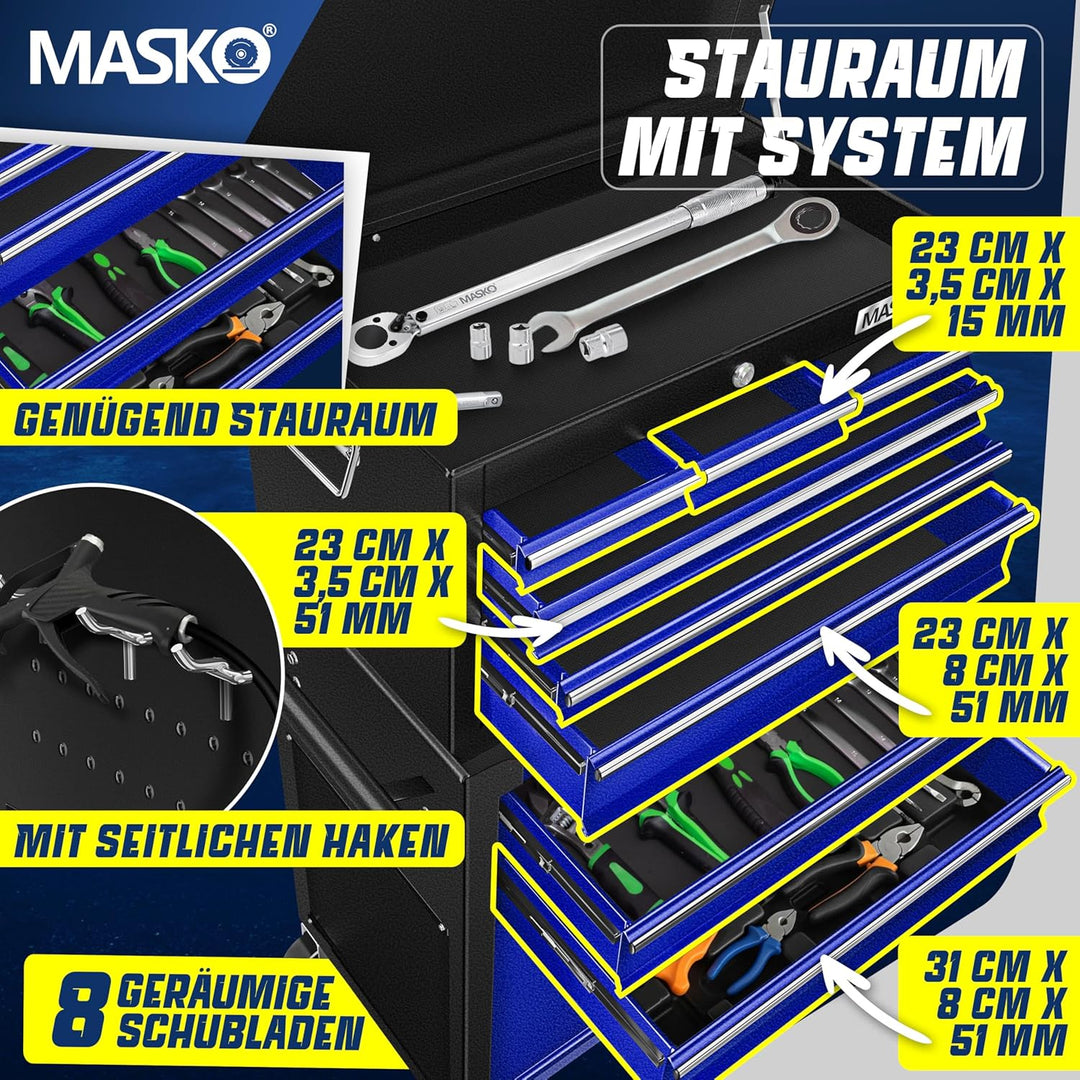MASKO® Werkstattwagen inkl. Koffer - 9 Fächer Abschliessbar | Massives Metall | Mobiler Werkzeug-Wag