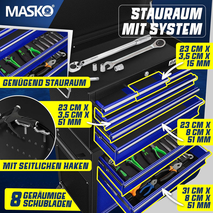 MASKO® Werkstattwagen inkl. Koffer - 9 Fächer Abschliessbar | Massives Metall | Mobiler Werkzeug-Wag