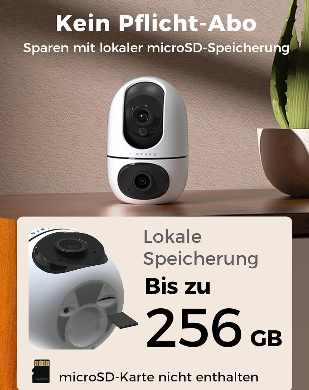 VIRTAVO WLAN Dual Kamera Überwachung Innen, 2 Ansichten Gleichzeitig, Ohne ABO, Smart Tracking, Rund